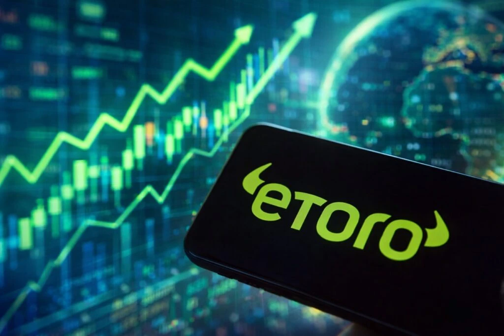 Gráficas de subida de activos bajo administración y crecimiento de usuarios de eToro tras reporte de ganancias.