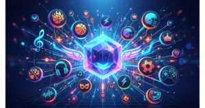 Ilustración de fan tokens mostrando conexión entre blockchain y comunidades de seguidores con beneficios y participación