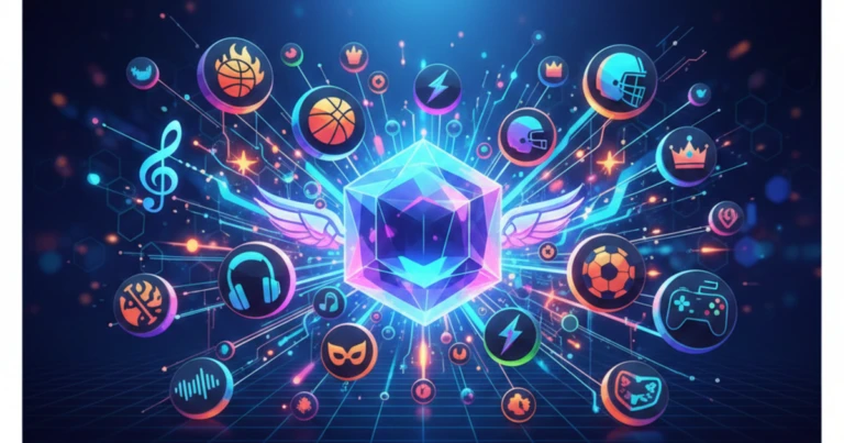 Ilustración de fan tokens mostrando conexión entre blockchain y comunidades de seguidores con beneficios y participación