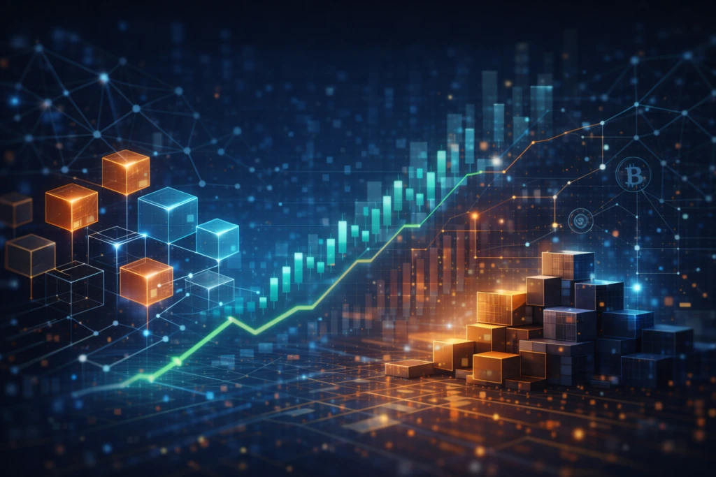 Ilustración editorial que representa la expansión cripto de Fiserv con integración blockchain en infraestructura financiera