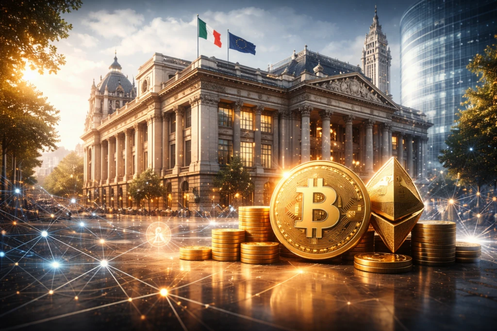 Ilustración editorial hiperrealista de entorno bancario europeo con gráficos financieros y referencias a criptomonedas