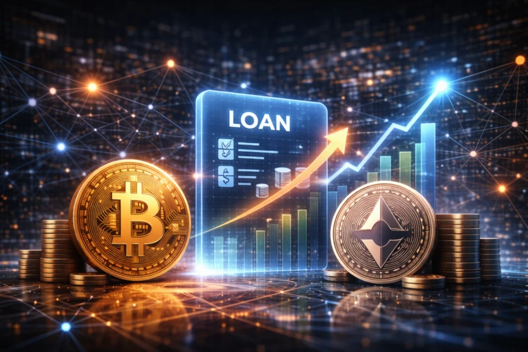 Ilustración hiperrealista de una escena financiera digital donde se muestran representaciones de préstamos cripto respaldados, con Bitcoin y Ethereum, nodos de blockchain y ambiente tecnológico