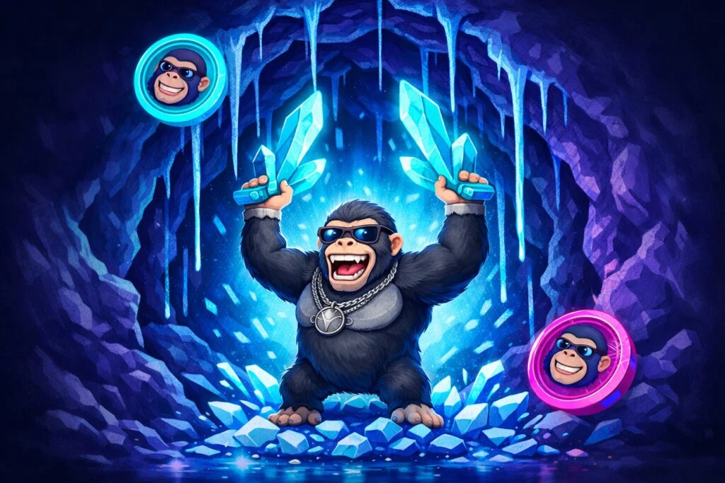 Ilustración editorial con monedas digitales emergentes y gráficos de preventa resaltando el token APEMARS.