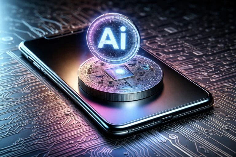 Representación futurista de IA usada en trading de criptomonedas sobre un dispositivo móvil