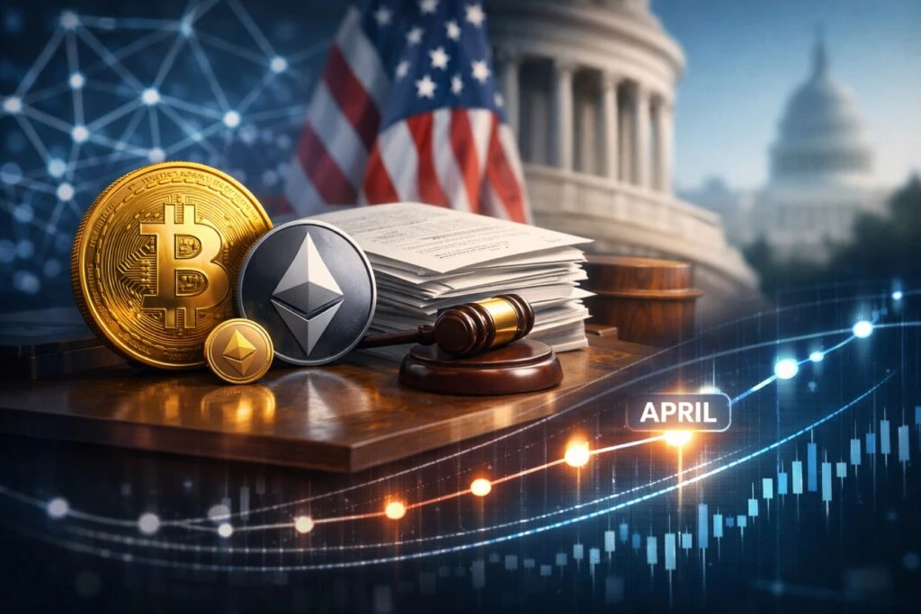 Representación editorial de la ley cripto en Estados Unidos con gráficos de blockchain y texto sobre aprobación en abril