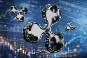 Ilustración de XRP en un entorno financiero dinámico con indicadores de corrección y actividad institucional