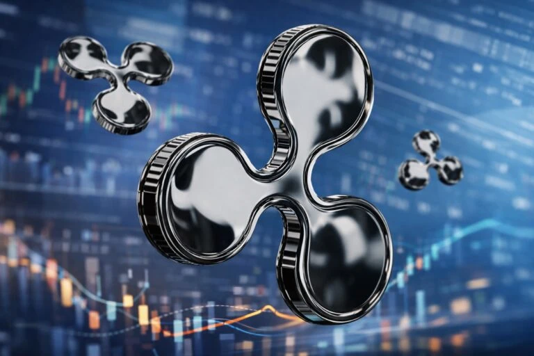 Ilustración de XRP en un entorno financiero dinámico con indicadores de corrección y actividad institucional
