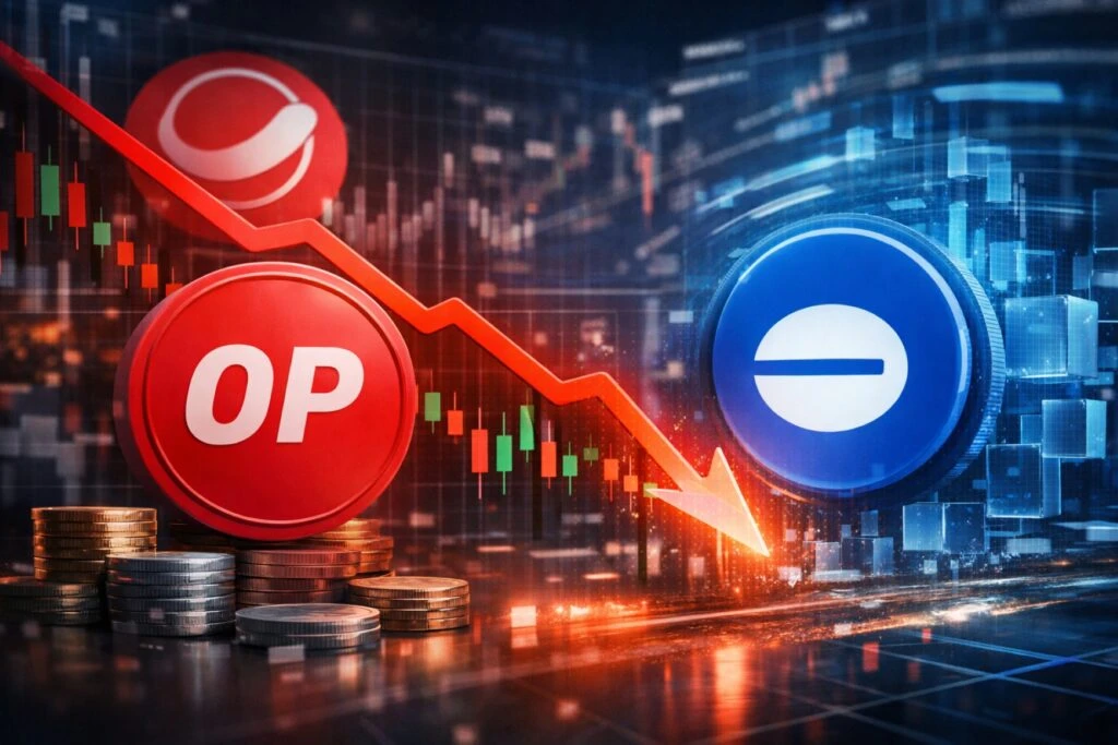 Ilustración de tendencia del precio de Optimism token con gráficos de Superchain y Base destacando caída de OP