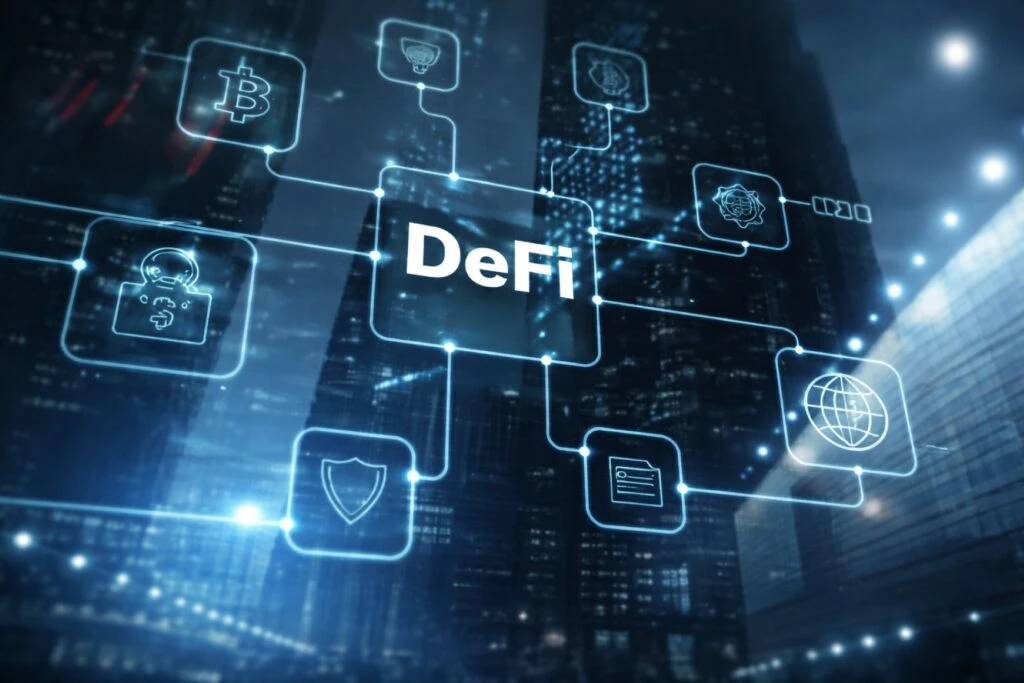 Visualización moderna del ecosistema DeFi con íconos digitales y red blockchain, destacando el optimismo de los usuarios en 2026