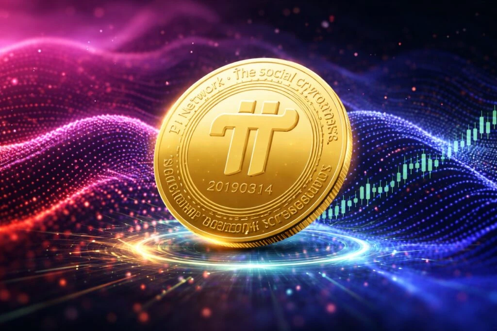 Visualización digital de Pi Network con indicadores de mercado y repunte frente a la debilidad de Bitcoin en el entorno cripto