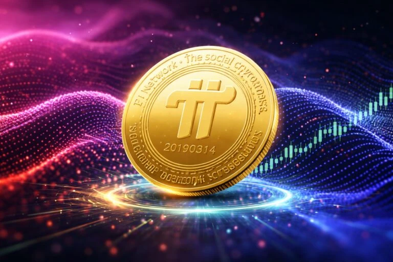 Visualización digital de Pi Network con indicadores de mercado y repunte frente a la debilidad de Bitcoin en el entorno cripto