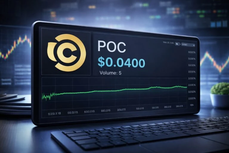 Gráfico digital mostrando el precio de POC precio en USD y volumen cero reflejando estancamiento del mercado