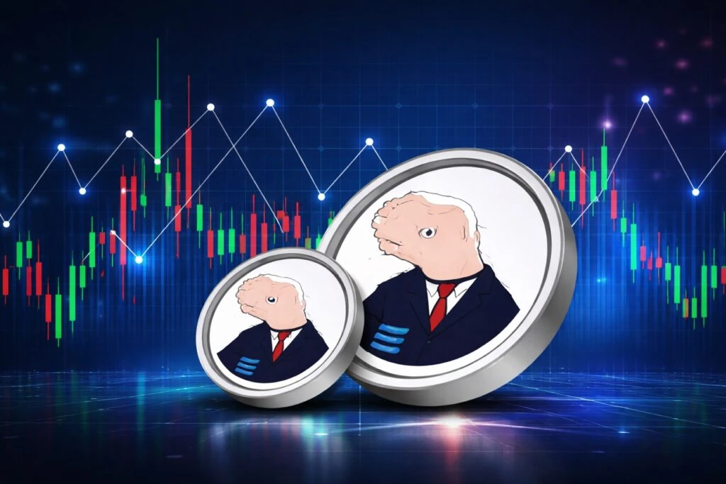 Gráfico de tendencias del Jeo Boden token con símbolos de Solana y memecoins en contexto de mercados digitales