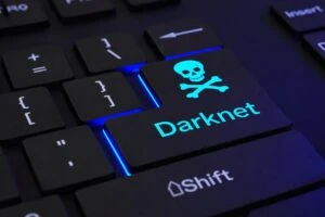 Ilustración editorial de cadenas de bloques y mercados darknet que refleja ventas darknet en criptomonedas