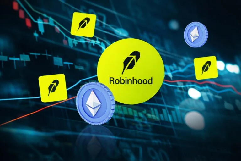 Robinhood Chain con íconos de Ethereum y un fondo de gráficos financieros digitales