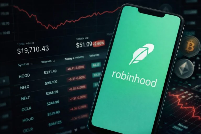 Gráfico financiero descendente con app de Robinhood y criptomonedas en pantalla digital