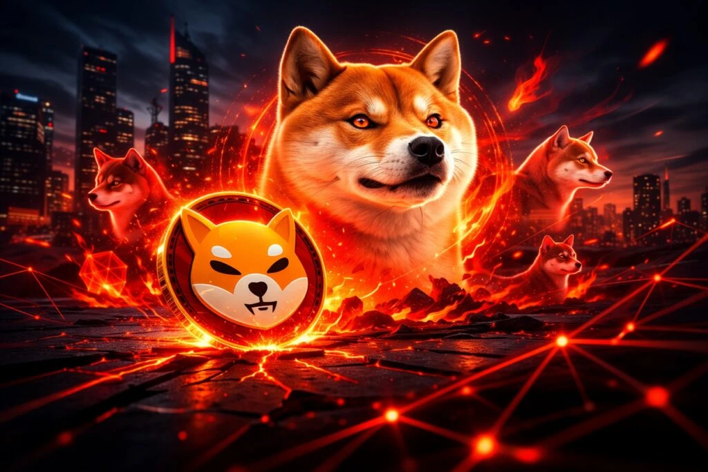 Ilustración tecnológica sobre estafas NFT con alerta digital y wallet en riesgo dentro del ecosistema Shiba Inu.