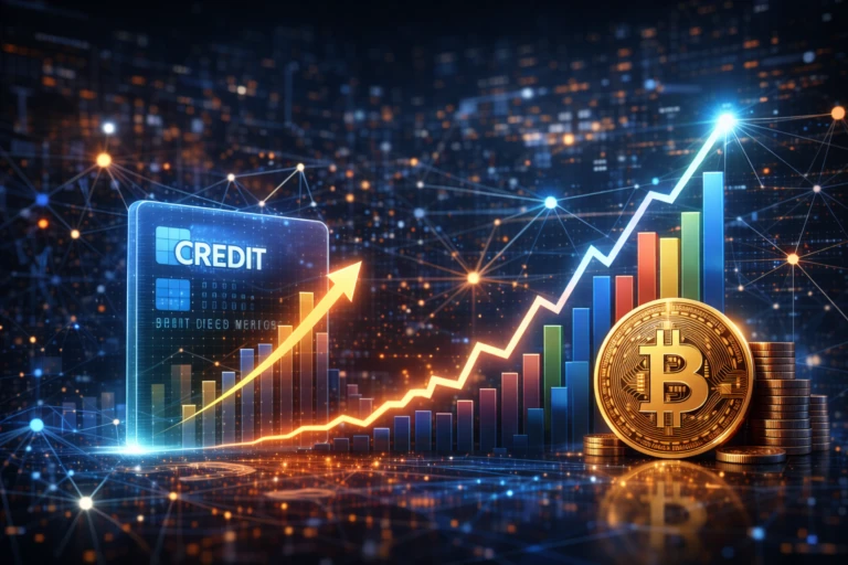 Ilustración hiperrealista de entorno financiero tecnológico con gráficos de crédito y nodos blockchain representando línea de crédito Bitcoin
