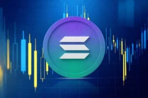 Gráfico financiero en caída con el logotipo de Solana al centro, estilo limpio y tecnológico