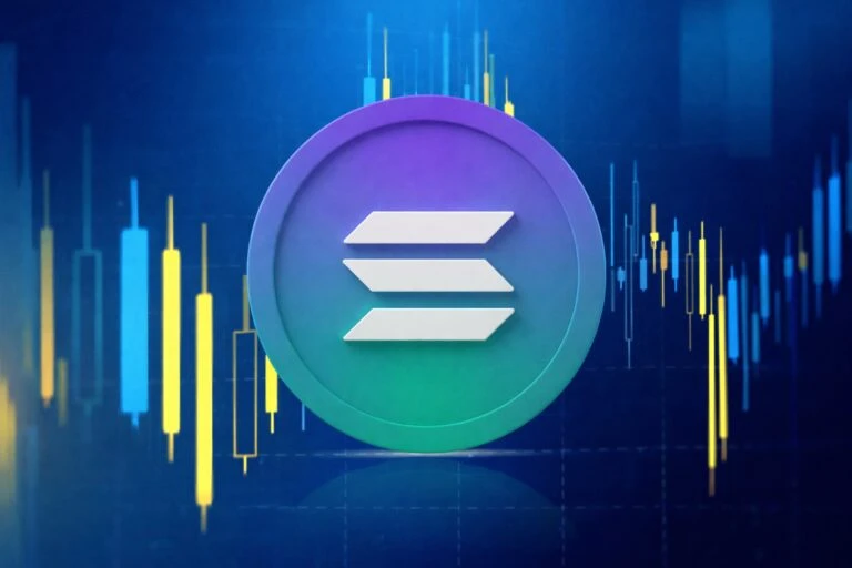 Gráfico financiero en caída con el logotipo de Solana al centro, estilo limpio y tecnológico