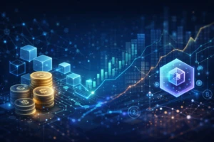 Ilustración editorial sobre tendencias cripto 2026 en EE.UU. con gráficos financieros y elementos blockchain