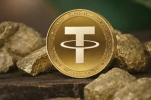 Representación de oro tokenizado y stablecoin Tether USDT con lingotes de oro, en contexto financiero y tecnológico