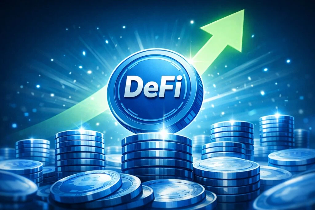 Gráfica digital mostrando crecimiento de tokens DeFi y métricas de mercado cripto