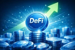 Gráfica digital mostrando crecimiento de tokens DeFi y métricas de mercado cripto