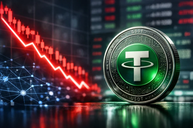 Representación visual de USDT Tether con gráficos descendentes del mercado cripto y enfoque en capitalización récord y adopción global.
