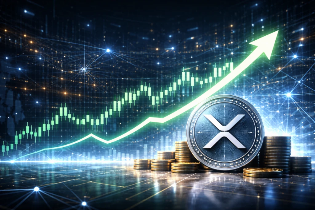 Gráfico financeiro con tendencia ascendente de XRP en un entorno tecnológico de mercado cripto