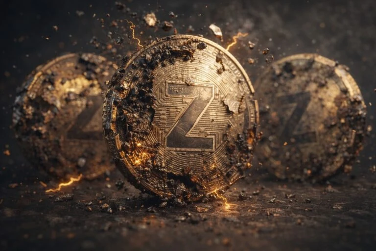 Ilustración de tokens Zcash, BNB y Sui bajando mientras el mercado altcoin muestra fuerte caída