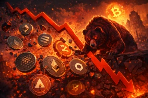 Monitores financieros con gráficos rojos de criptomonedas ilustran altcoins mínimos históricos y presión en el mercado cripto.