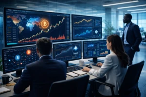 Pantallas de trading muestran análisis macroeconómico y gráficos de Bitcoin ante posible impacto de Trump aranceles cripto.
