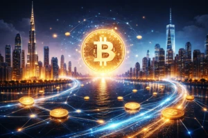 Representación del mercado cripto impulsado por capital de Dubái y acuerdos bancarios en Estados Unidos con bitcoin como activo central.