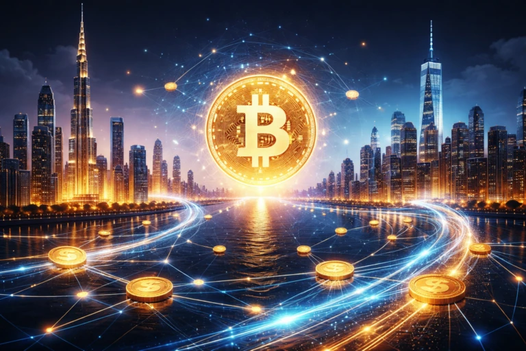 Representación del mercado cripto impulsado por capital de Dubái y acuerdos bancarios en Estados Unidos con bitcoin como activo central.