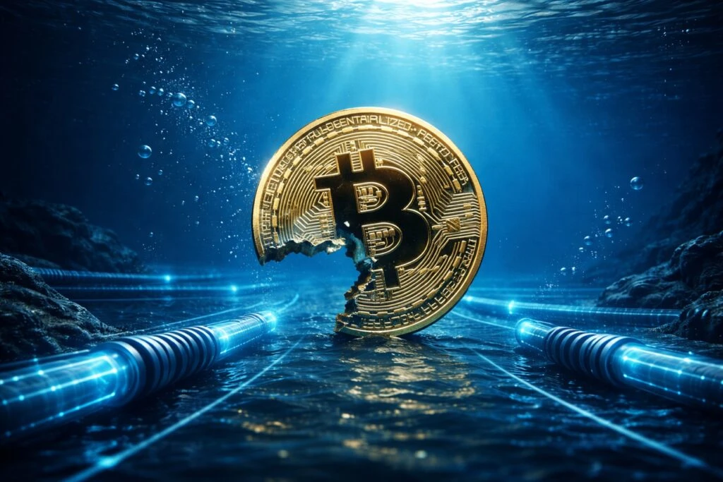Representación digital de infraestructura submarina vulnerable que podría afectar la seguridad operativa de Bitcoin