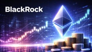 BlackRock y Ethereum en ETF de staking con redes blockchain y gráficos de inversión institucional