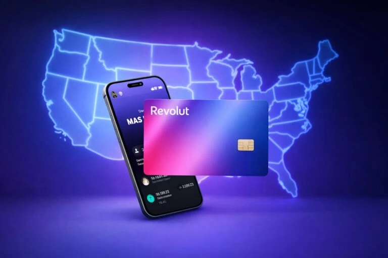 Ilustración de Revolut buscando licencia bancaria en Estados Unidos con integración de cripto