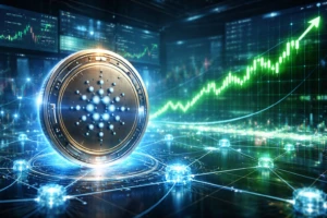 Visualización de Cardano con gráficos verdes muestra su regreso al top 10 del mercado cripto y recuperación de altcoins.