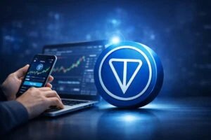 Ilustración editorial de usuario gestionando compra de Toncoin dentro del ecosistema TON