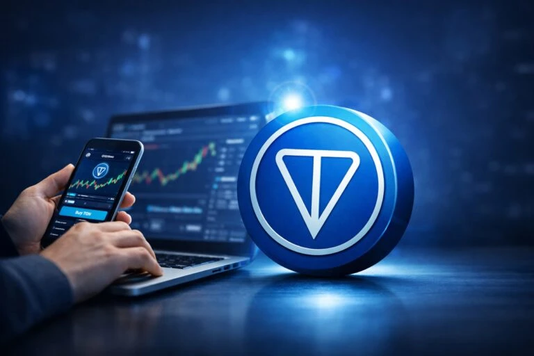 Ilustración editorial de usuario gestionando compra de Toncoin dentro del ecosistema TON