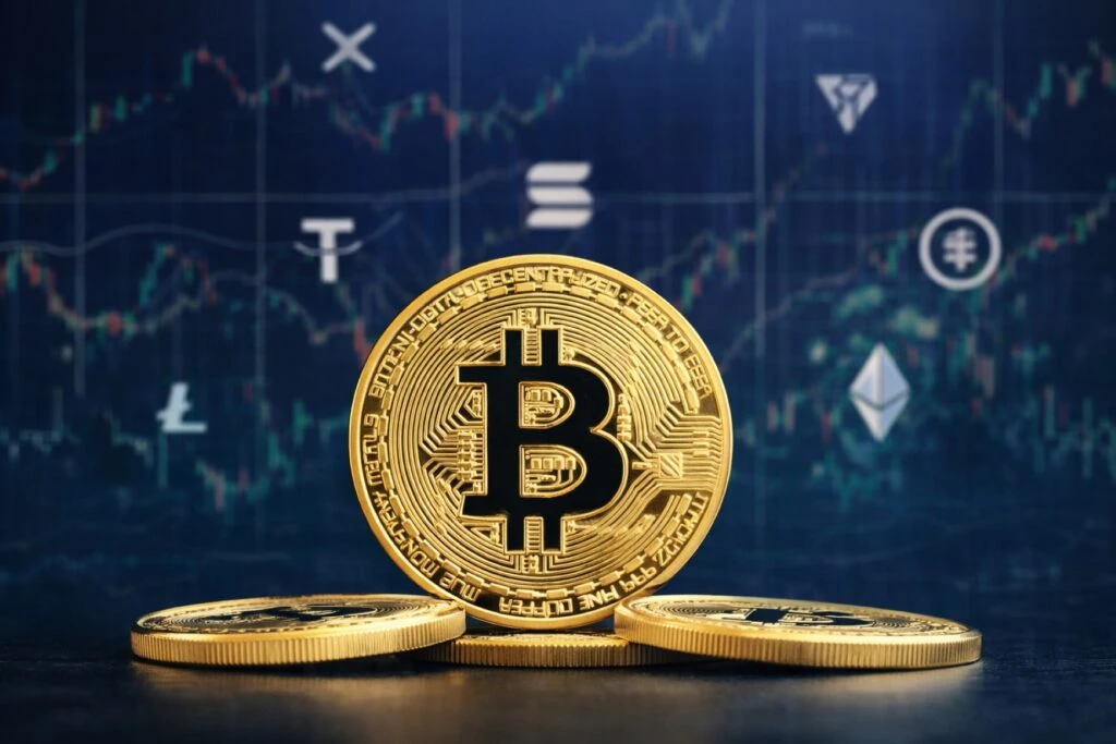 Ilustración editorial de usuarios analizando datos para invertir criptomonedas con plataformas seguras y accesibles.