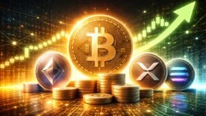 criptomonedas en alza con bitcoin liderando el mercado y gráficos financieros alcistas
