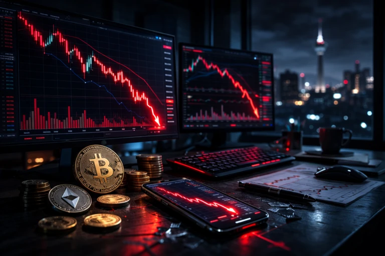 Pantallas de trading congeladas y ambiente de apagón ilustran crisis cripto Irán y paralización de mercado tras conflicto.