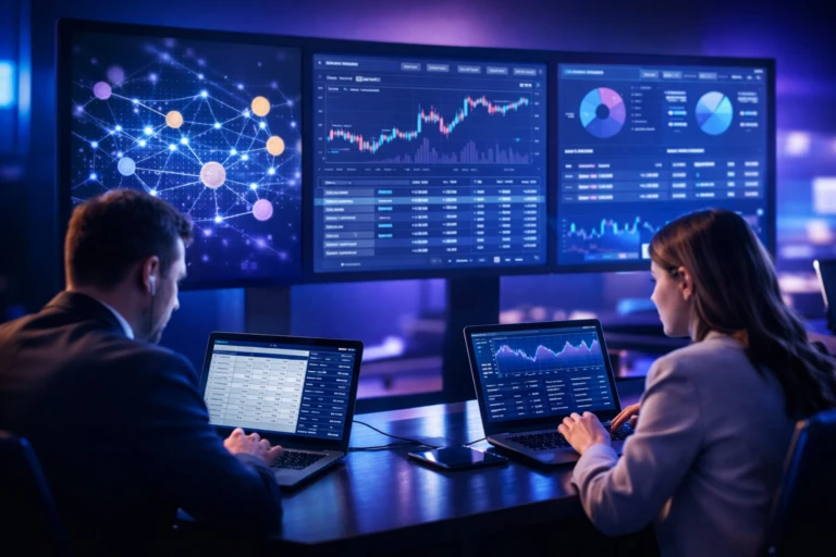 Analistas revisan paneles digitales de contabilidad cripto conectados a redes blockchain y activos digitales empresariales.