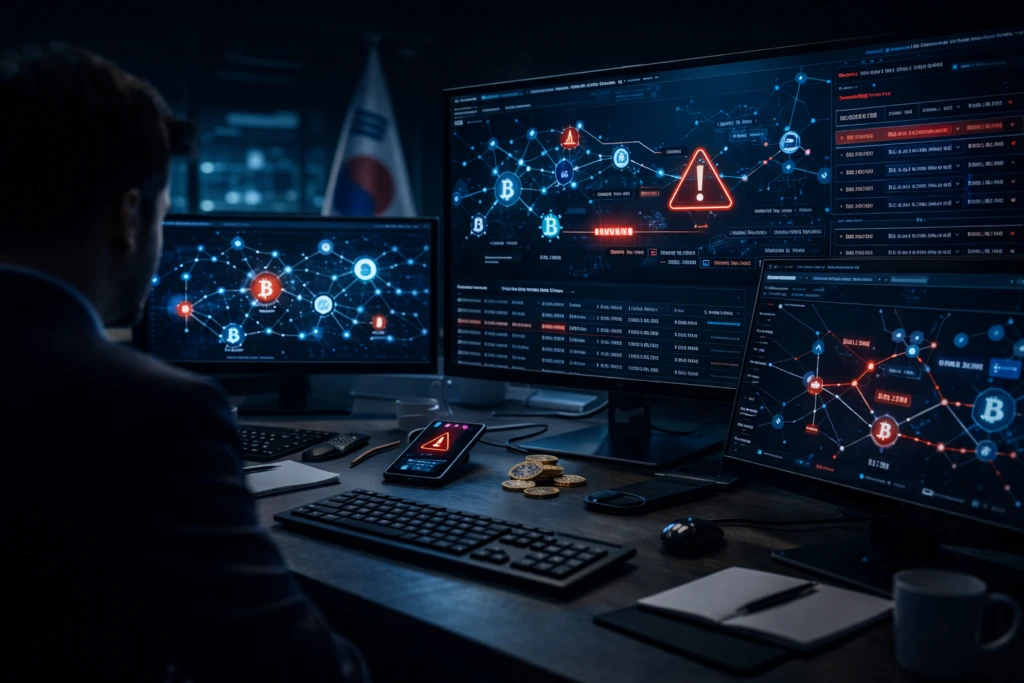 Pantallas de análisis blockchain muestran rastreo de transacciones en investigación de estafador cripto Corea del Sur.