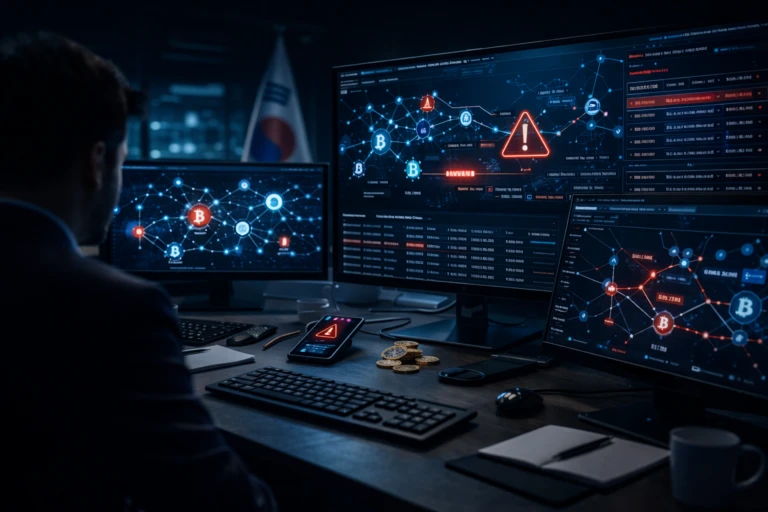 Pantallas de análisis blockchain muestran rastreo de transacciones en investigación de estafador cripto Corea del Sur.