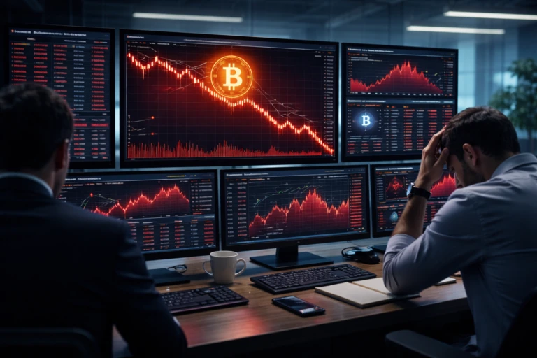 Monitores financieros con gráficos rojos de Bitcoin ilustran índice de miedo cripto y caída del mercado digital.