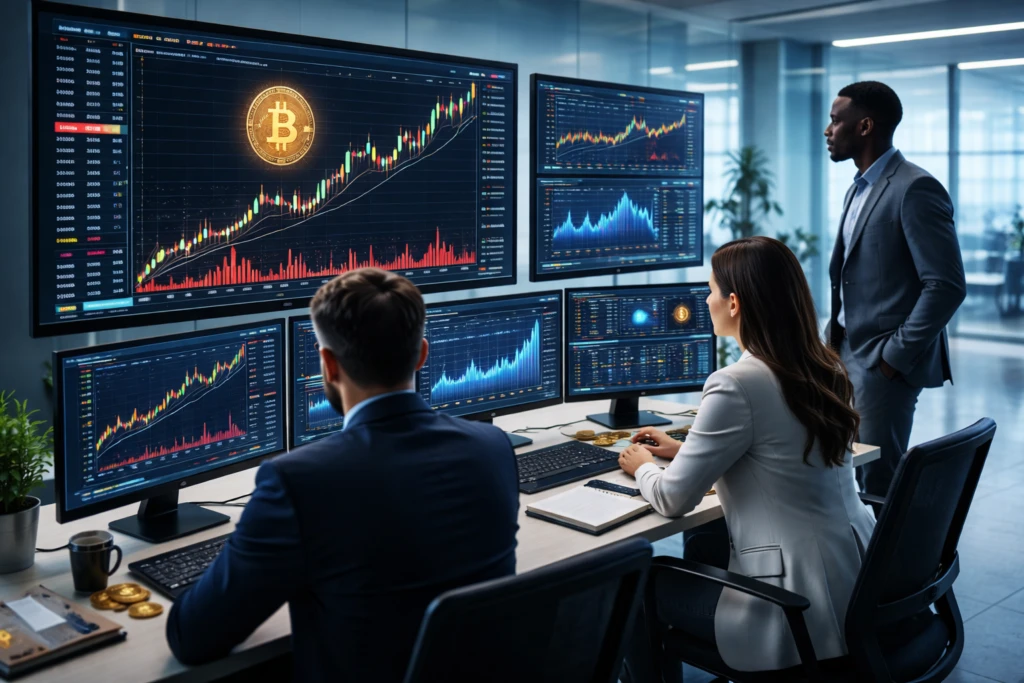 Pantallas de trading con gráficos de Bitcoin ilustran análisis institucional sobre invertir criptomonedas 2026 tras la corrección del mercado.