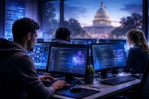 Desarrolladores trabajando en código blockchain mientras el debate sobre protecciones Web3 y regulación cripto en Estados Unidos define el futuro del sector.